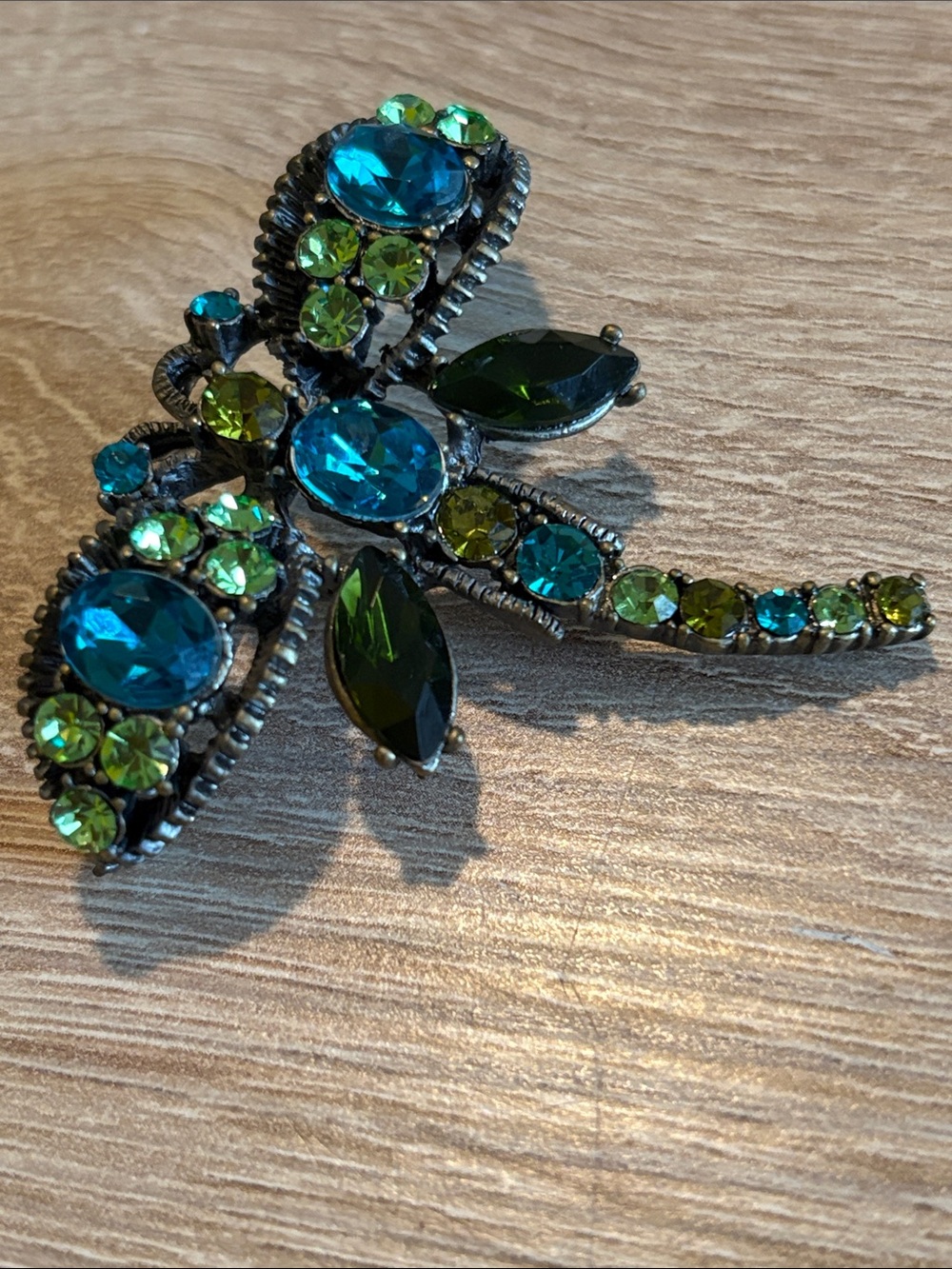 Vintage Teal & Lime Crystal Dragonfly Brooch